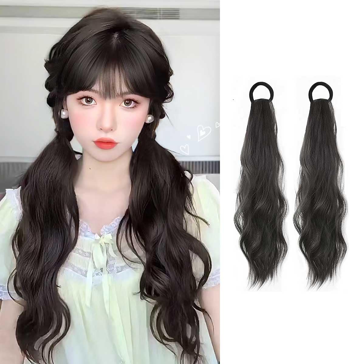 Hair Extension, Braid Wig, 2 Piece Set, 21.7 inches (55 cm), Braided Ponytail, Curly Wig, Twin Tail, Braid, Natural, Fluffy, Extension, Dance Extension, Hair Extension, Costume, Event, Party, Birthday