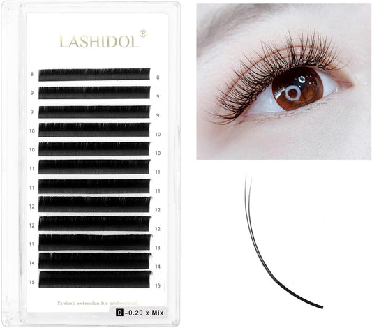 LASHIDOL Matsueku Flat Lash Eyelash Extensions Only for Beauty Shops C Curl Thickness 0.006 - 0.008 inches (0.15 - 0.20 mm) Length 0.3 - 0.6 inches (8 - 15 mm) Mixed (0.20mm-D-(8-15) MIX)