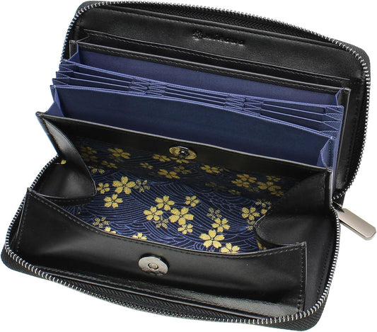 [Charming Leather] Genuine Leather Men's Long Wallet, Jabara-Style, Up to 24 Cards, YKK Zipper, Garcon-Shaped, Carbon Style, Cowhide Leather, Reiwa Specifications, Japanese Pattern, Black (blue)