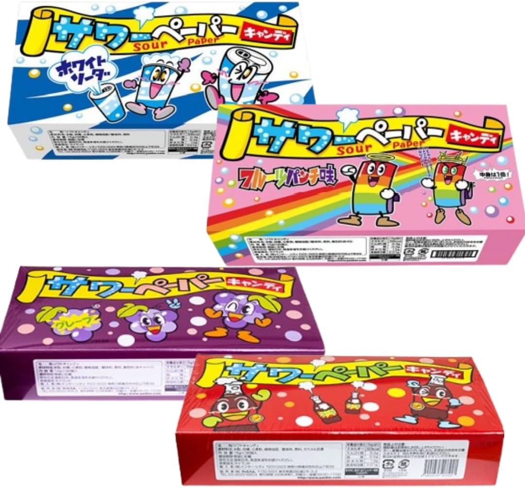 サワーペーパー キャンディ 計144個 1箱36個入り×4種セット フルーツパンチ ホワイトソーダ コーラ グレープ 駄菓子 グミ 詰め合わせ ソフトキャンディ ステッカーセット