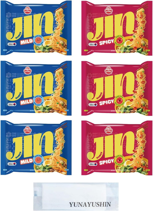 Ottogi Jin Ramen, Popular Set of 6 Meals, Includes Cleaning Wipes, Gin Ramen, Spicy Dry, 4.2 oz (120 g), 3 Meals, Gin Ramen, Mild Small Spicy (Sweet), 4.2 oz (120 g), 3 Meals | Ottogi Jin Ramen Spicy