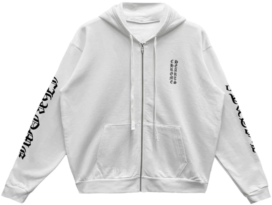 CHROME HEARTS 'VERTICAL LOGO' WHITE ZIP-UP HOODIE