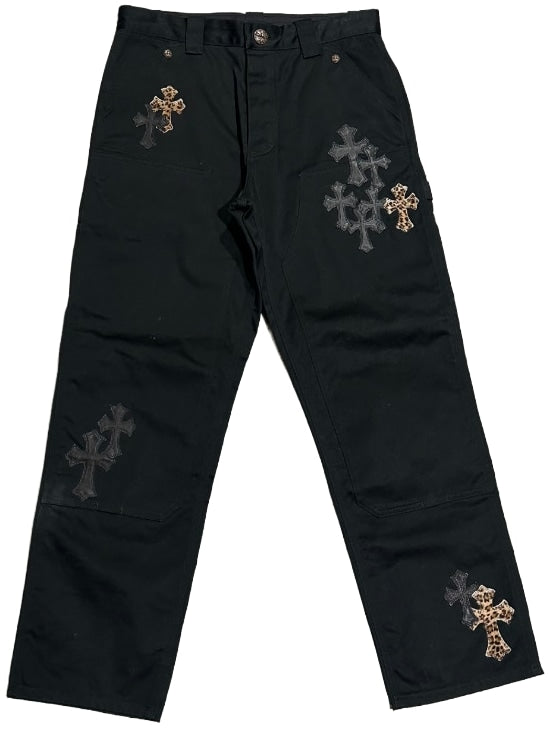 CHROME HEARTS 'LEOPARD/BLACK' CROSS PATCH DOUBLE KNEE PANTS