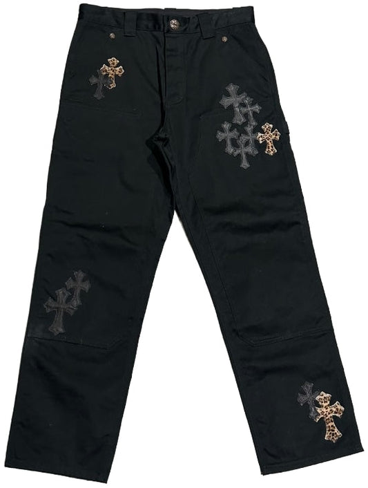 CHROME HEARTS 'LEOPARD/BLACK' CROSS PATCH DOUBLE KNEE PANTS