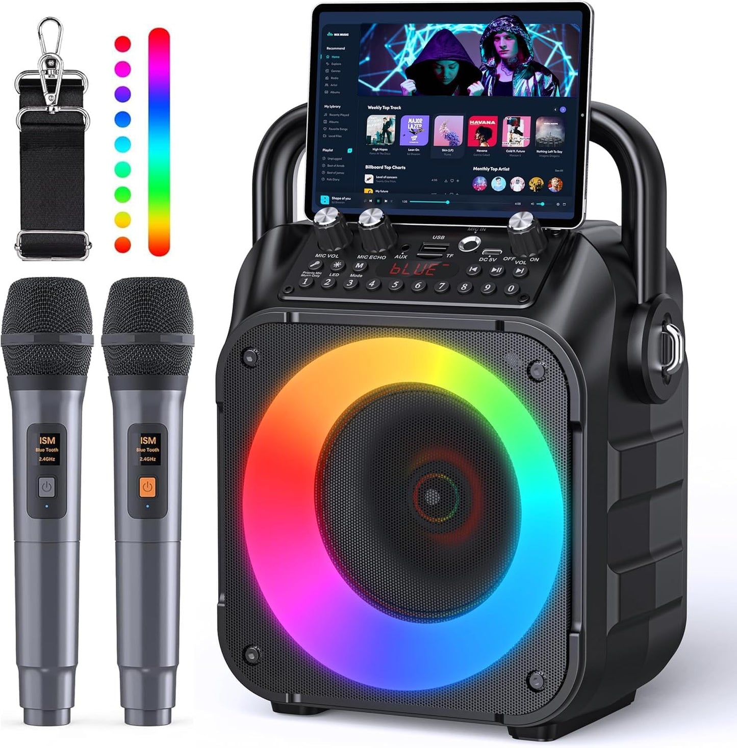 Speaker Set for Karaoke Home Use, Amplifier, Karaoke Microphone, 2-Piece Bluetooth 5.0 Compact PA Set, Karaoke Machine, Portable Speaker with SD Card, USB, AUX, Android Compatible for Home Parties