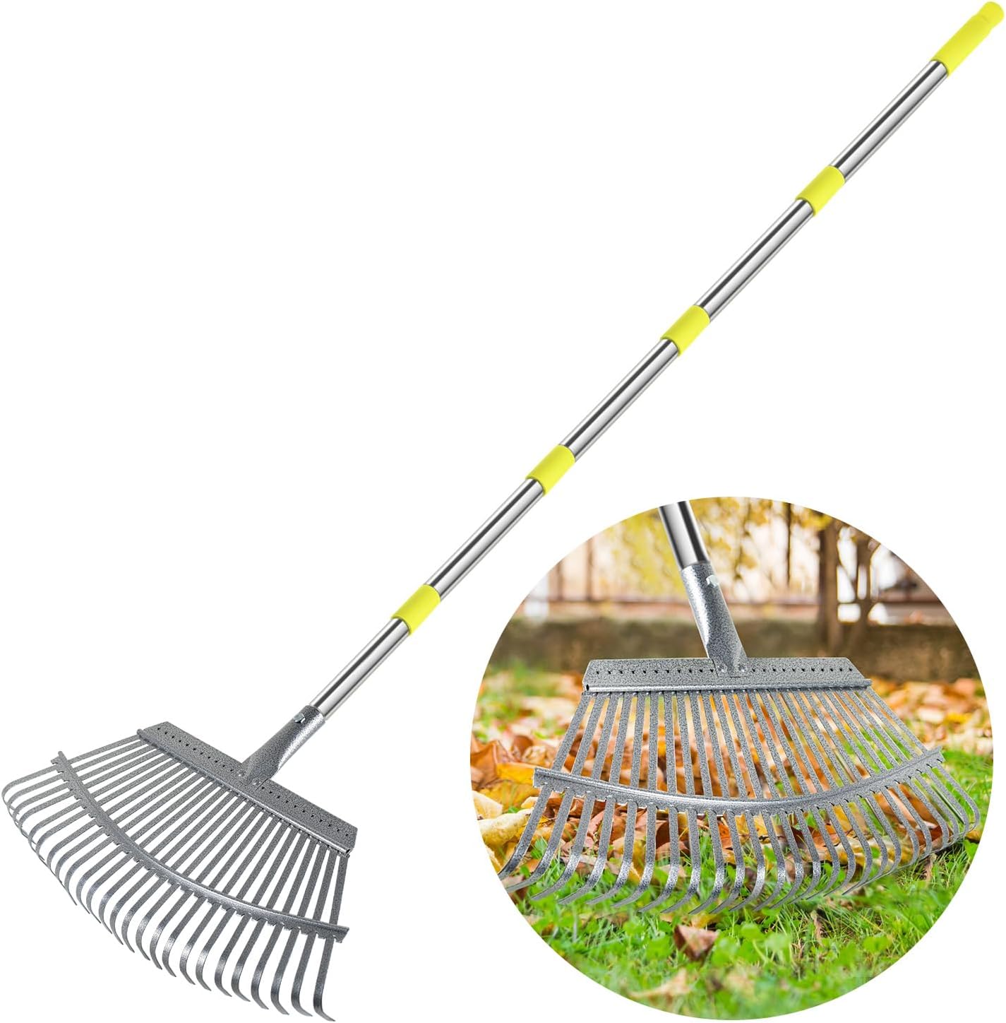 Rake Garden Rake, 25 Claws, Adjustable to 4 Levels, 36.2 - 72.8 inches (92 - 184 cm), Stainless Steel, Lightweight, Hanging Type, Fall Leaves for Gardening, Lawn, Mowing, Garden, Grass Tools, Garden Cleaning Tool