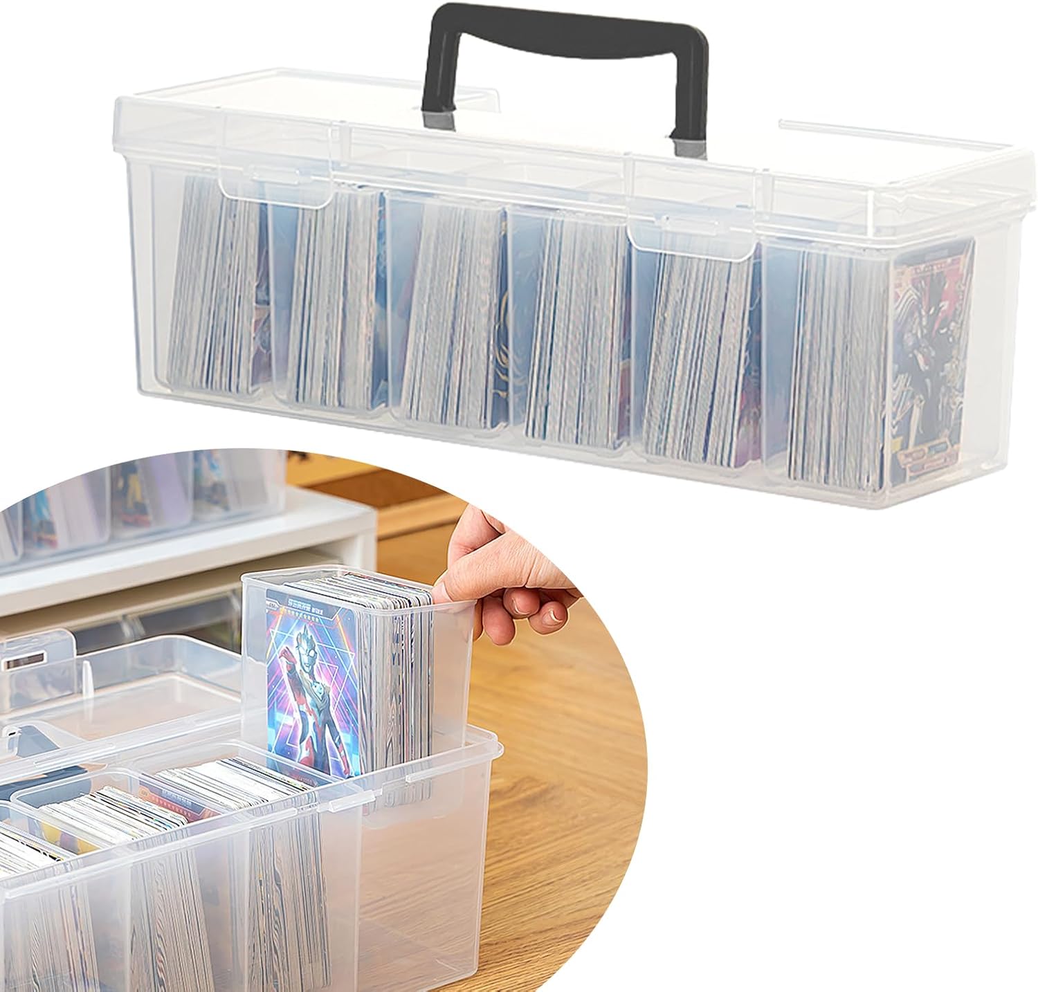 koundeneko Long Card Box with Handle, Large Capacity, Trading Card Case, Vertical Slots, 6 Pieces, Divided Case, Includes Lid, Transparent, Waterproof, Dustproof, Easy to Clean, Card Organization,