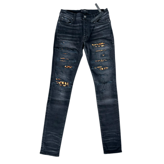 AMIRI 'LEOPARD PATCH AGED BLACK THRASHER' JEANS