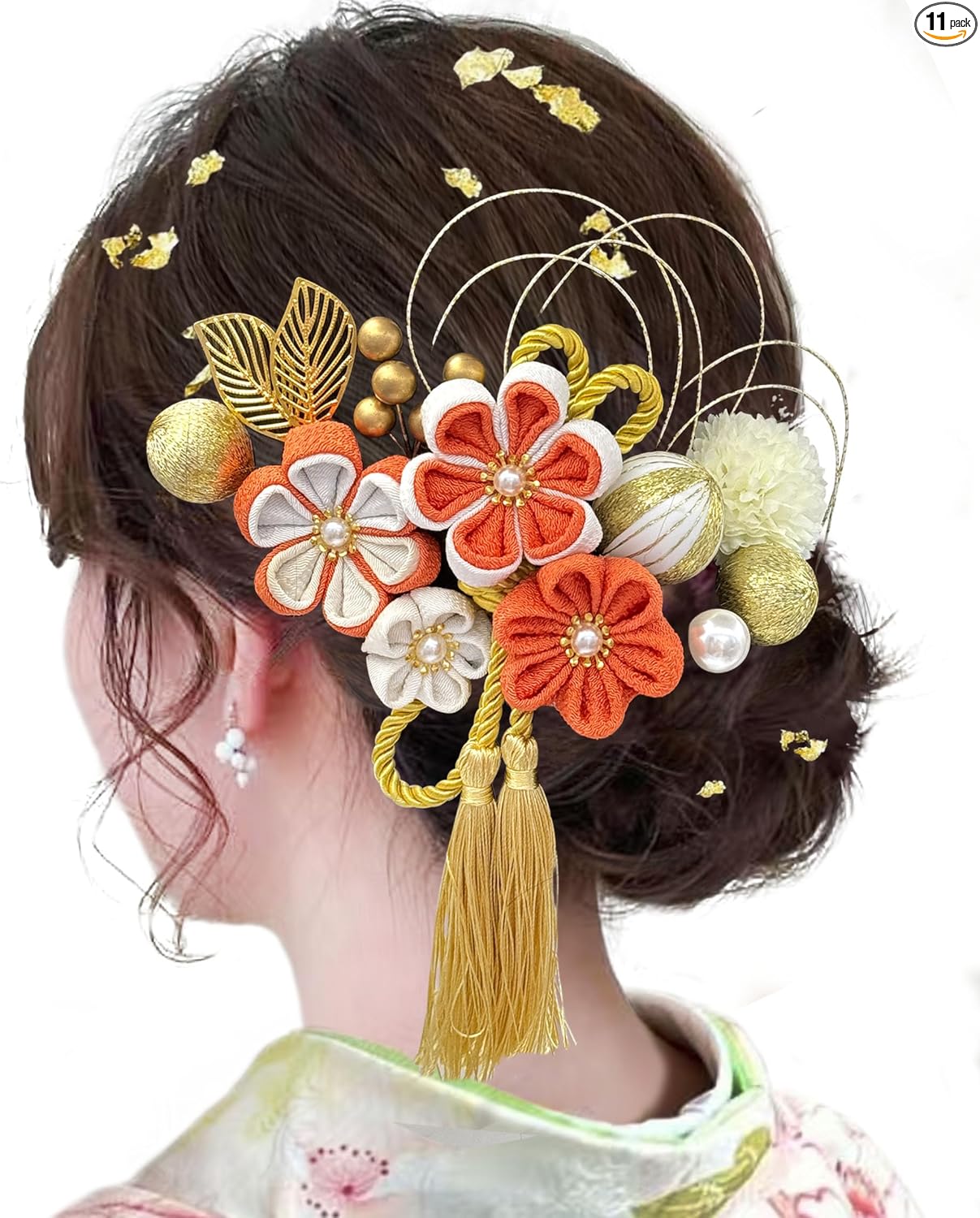 JZOON H7110 Hair Ornaments, 11-Piece Set, Kimono, Hakama, Kimono, Flowers, Gold Leak, Shichi-Go-San Hair Accessories, Graduation Ceremonies, Yukata, Weddings, 6 Colors, Entrance Ceremony, Fireworks