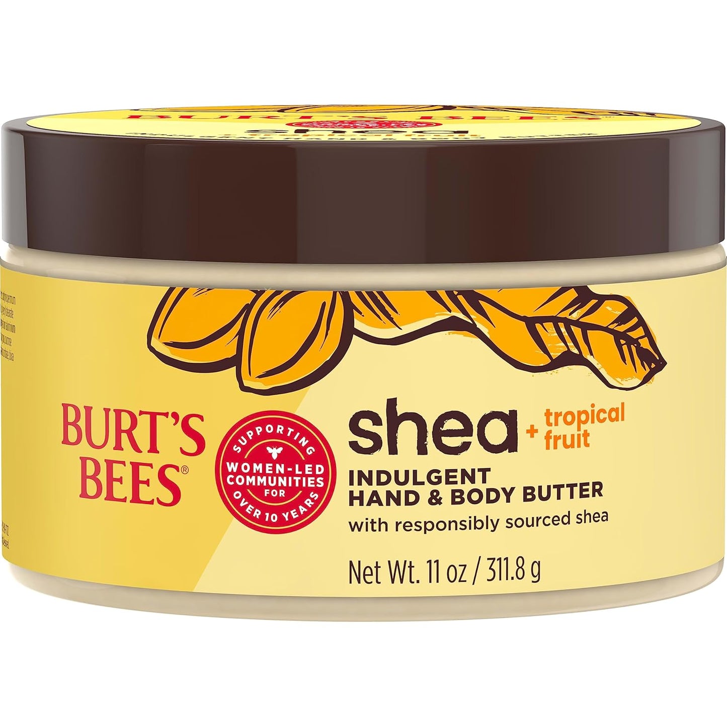 Burt's Bees Manteca de karité + frutas tropicales indulgente para manos y cuerpo, no grasa, rica en antioxidantes para una piel brillante, no irritante, cuidado de la piel de origen natural, 11 onzas.