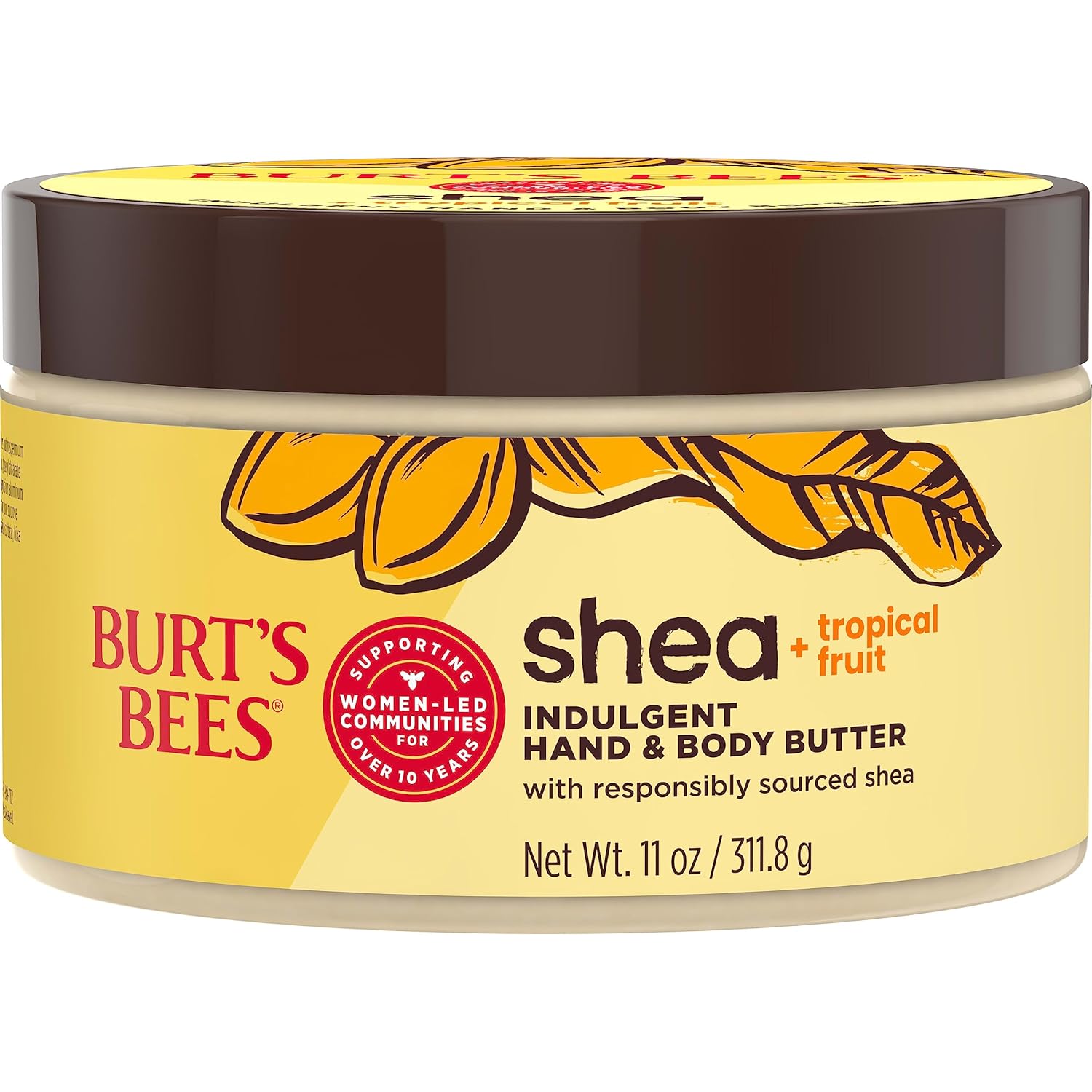 Burt's Bees Manteca de karité + frutas tropicales indulgente para manos y cuerpo, no grasa, rica en antioxidantes para una piel brillante, no irritante, cuidado de la piel de origen natural, 11 onzas.