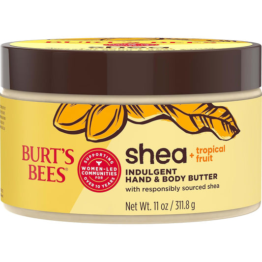 Burt's Bees Manteca de karité + frutas tropicales indulgente para manos y cuerpo, no grasa, rica en antioxidantes para una piel brillante, no irritante, cuidado de la piel de origen natural, 11 onzas.