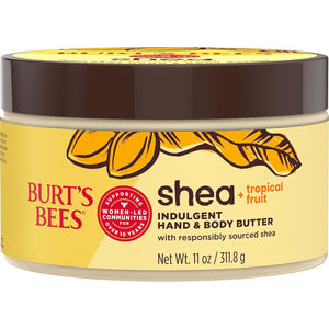 Burt's Bees Manteca de karité + frutas tropicales indulgente para manos y cuerpo, no grasa, rica en antioxidantes para una piel brillante, no irritante, cuidado de la piel de origen natural, 11 onzas.