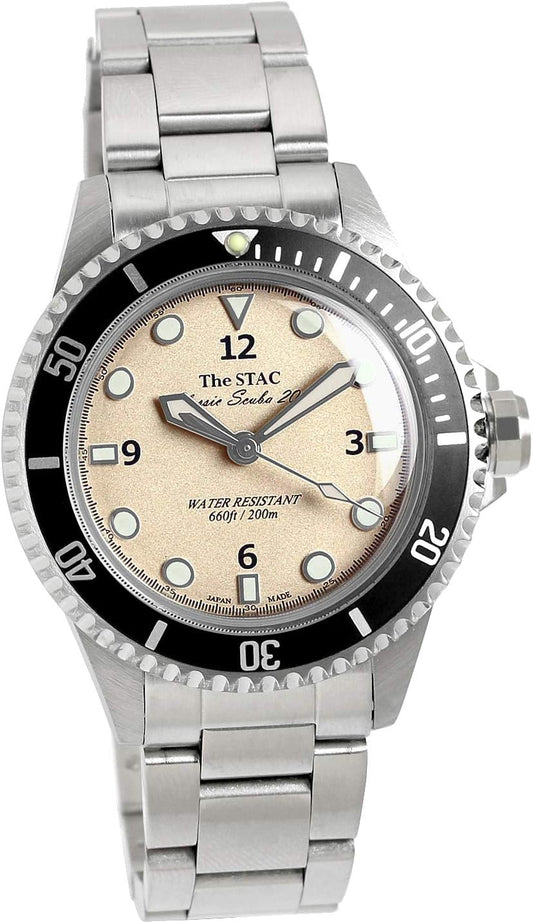 The Stack The STAC Classic Scuba 200 Men's Women's Classic Diver Watch, Made in Japan, Ivory, Sweep Second, Wristwatch, 1.5 inches (38 mm), Ivory, Bracelet Type