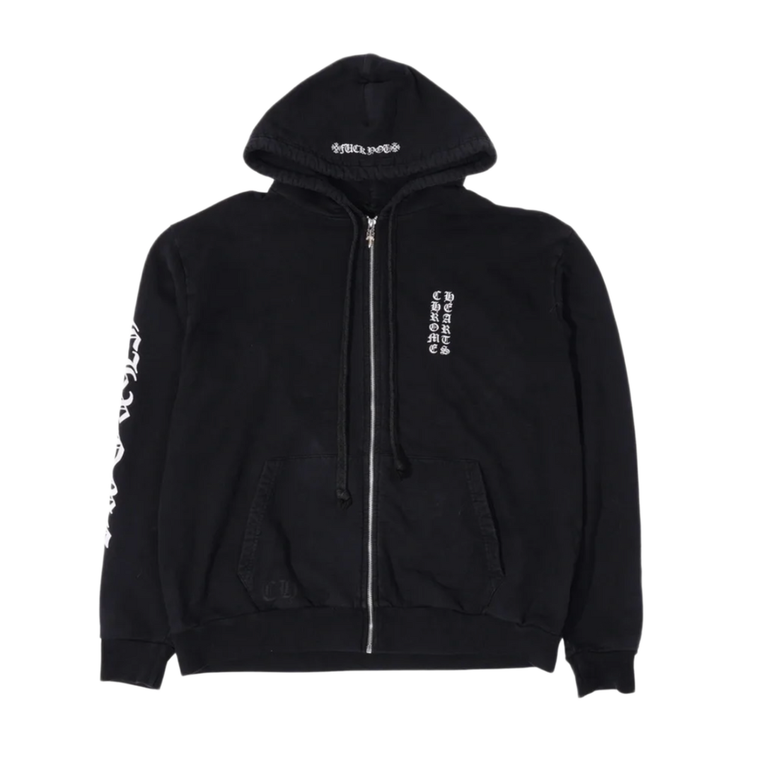 CHROME HEARTS 'VERTICAL LOGO FU HOOD' THERMAL ZIP UP BLACK HOODIE