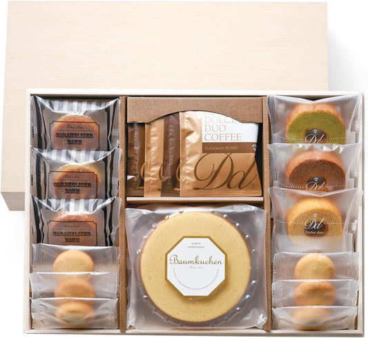 Dolce duo Baumkuhen Sweet Assortment Set in Wooden Box - Baumkuhen, Cookies, Coffee - For Internal Celebration, Return Gift, Celebration Present KN-11-M