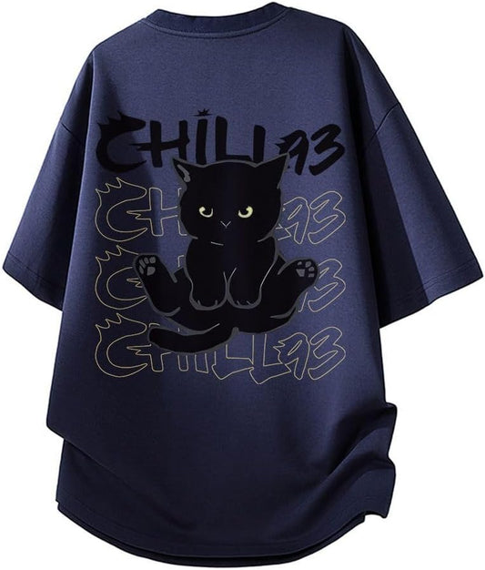 Summer Clothing, Men's, Short Sleeve, 100% Cotton, Large Size, Funny, Cute Cat Pattern, Printed, Round Neck, Half Sleeve, Top, Lightweight, Soft, Comfortable, Casual, Cute, Fashionable