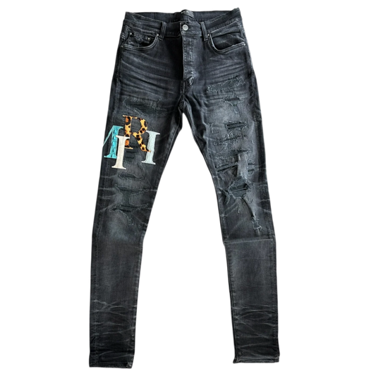 AMIRI 'MULTICOLOR LEATHER STAGGERED LOGO' BLACK JEANS
