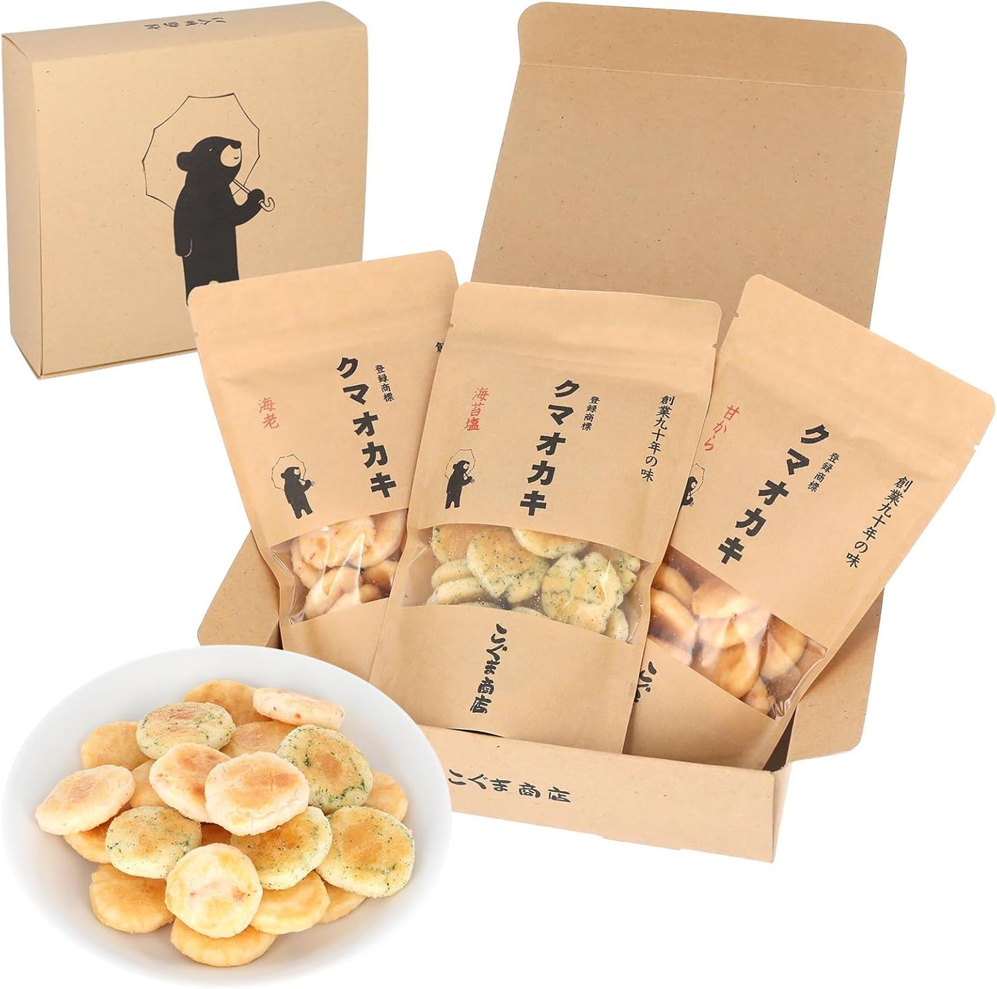 Koguma Shoten Kuma Oka-ki Crackers, Gift Snacks, Osaka Souvenir (50g × 3 bags, Top 3 Sellers (Seaweed Salt・Sweet・Shrimp))
