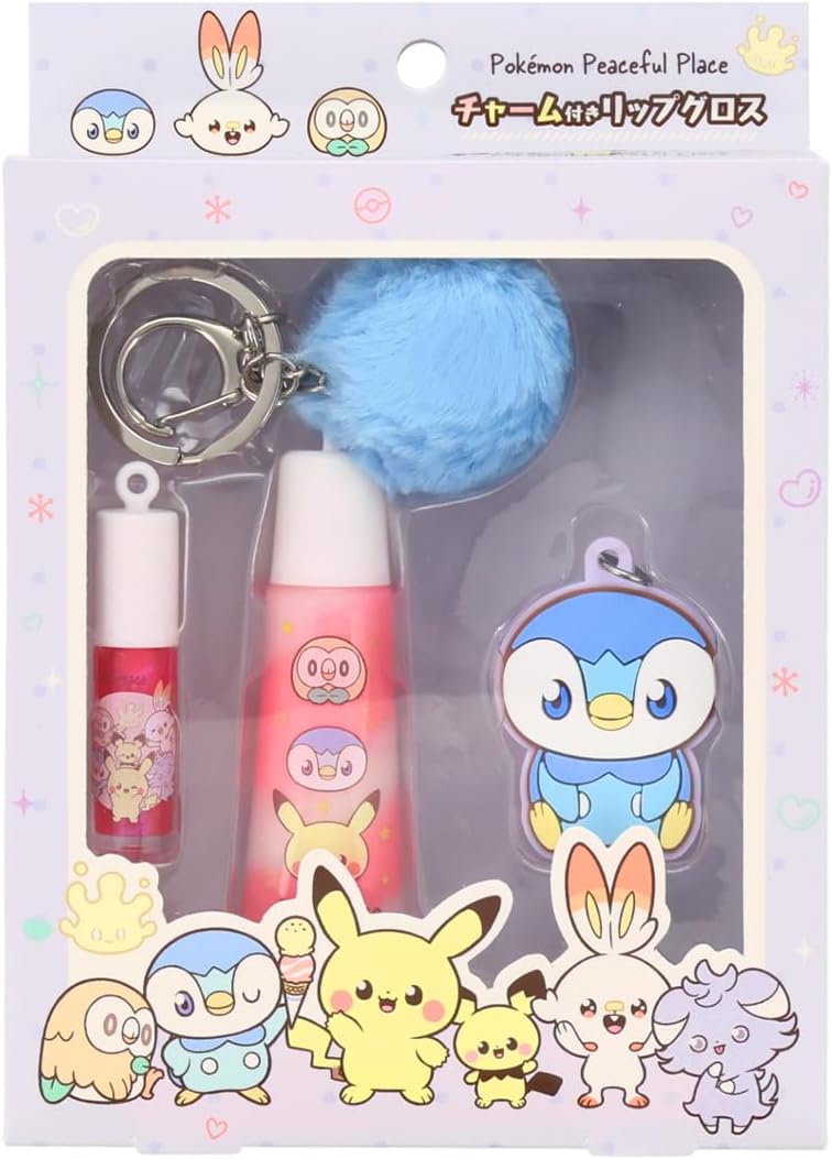 Shoibdo PK43618 Poképiece Lip Gloss with Charm, Pokemon PL, Strawberry Scent, Pochama with Rubber Charm