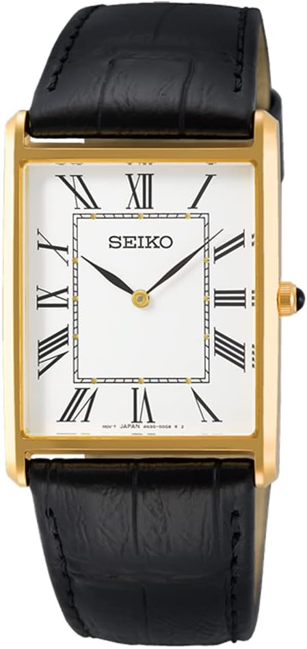 Seiko SWR052 Men's Wristwatch, Square Design, Quartz, White Dial x Black Leather Band