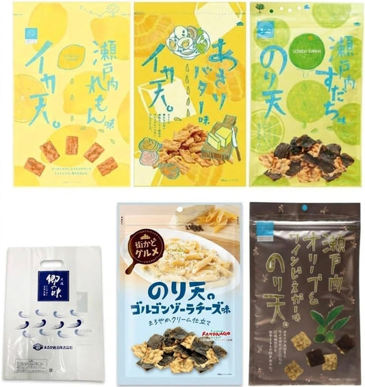 【Maruka Foods Official Online Store】Ika Ten Nori Ten 5-Variety Tasting Set: Ika Ten Seto Inland Sea Lemon Flavor/Asari Butter Flavor Squid Ten/Sudachi Nori Ten/Cheese Nori Ten/Seto Inland Sea Olive
