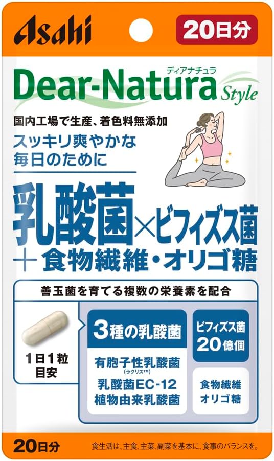 Dear-Natura Style Lactic Acid Bacteria x Bifidobacterium + Dietary Fiber & Oligosaccharides, 20 Tablets (20-Day Supply) Asahi Supplement, Produced in Domestic Factory, 1 Tablet Per Day, Pouch