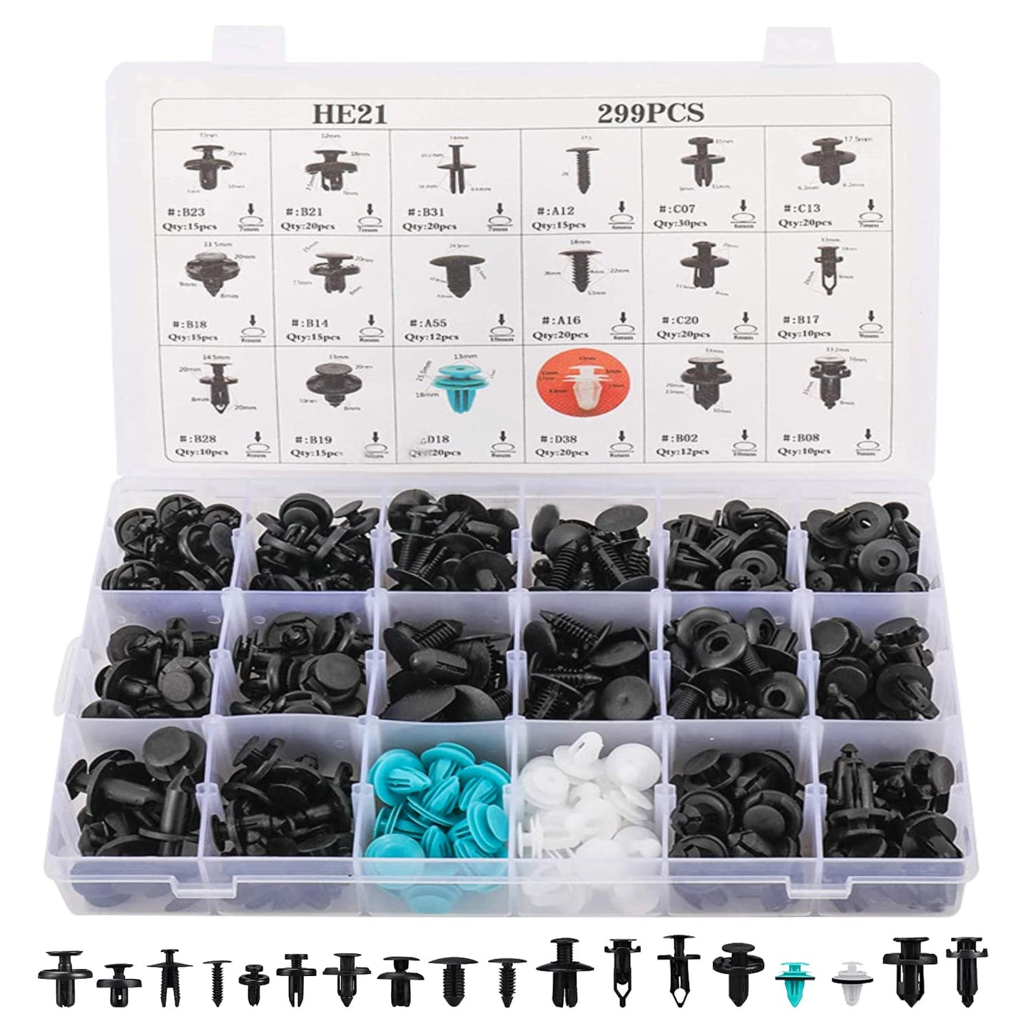 Push Rivets Automotive Rivets Plastic Rivets Rivet Set Fender Bumper Clip Mixing Fastener Push Down Under Cover Tire House for Honda Toyota Nissan Mazda Daihatsu 18 Types 299pcs with Box