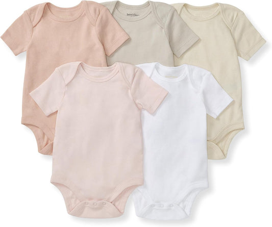 Burt's Bees Baby Body unisex, ropa de dormir orgánica de manga corta, paquete de 5 | Essential baby bodysuit pack featuring an easy-on and off lap-shoulder neck design for stress-free daily outfitting