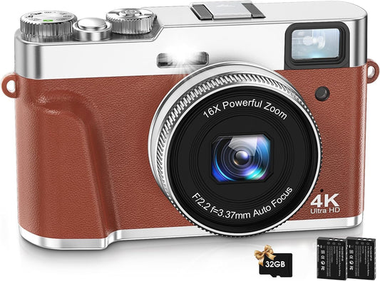 Oiadek 4K Digital Camera, Autofocus, 48 Megapixels, Vlog Camera, Digital Camera, Image Stabilization, Optical Finder, Mode Dial, 16x Zoom, LED Light, DSLR, Compact, 32GB Card Included, 2 Batteries