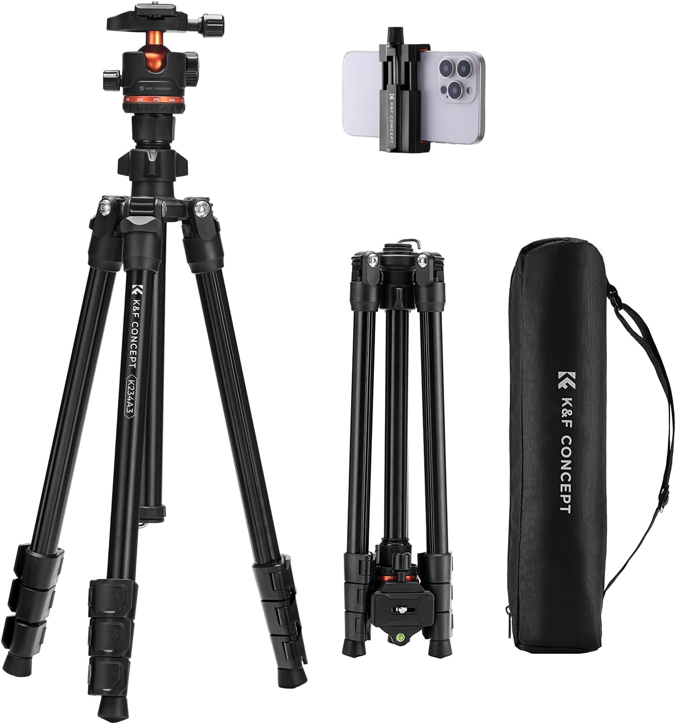 K&F Concept Camera Tripod, SLR Compact, Ultra Lightweight, Maximum Height 70.1 inches (178 cm), 360 Degree Ball Head Included, Lightweight Travel Tripod, 1/4" Screw Quick Release, Macro Photography,