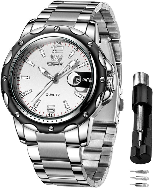 OPK Men's Watch Quartz Date Waterproof Luminous Fashion Stylish Easy-to-Read Classic Stainless Steel Business School Company Watch for Men, Bracelet Type