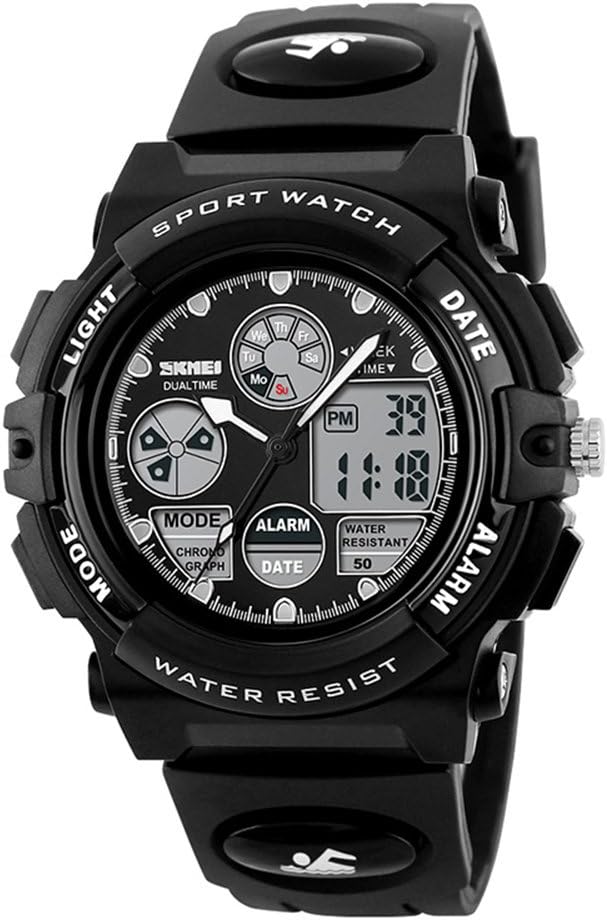 fngeen KidsスポーツウォッチLEDライトアナログデジタル防水アラームWatch for Boys ブラック