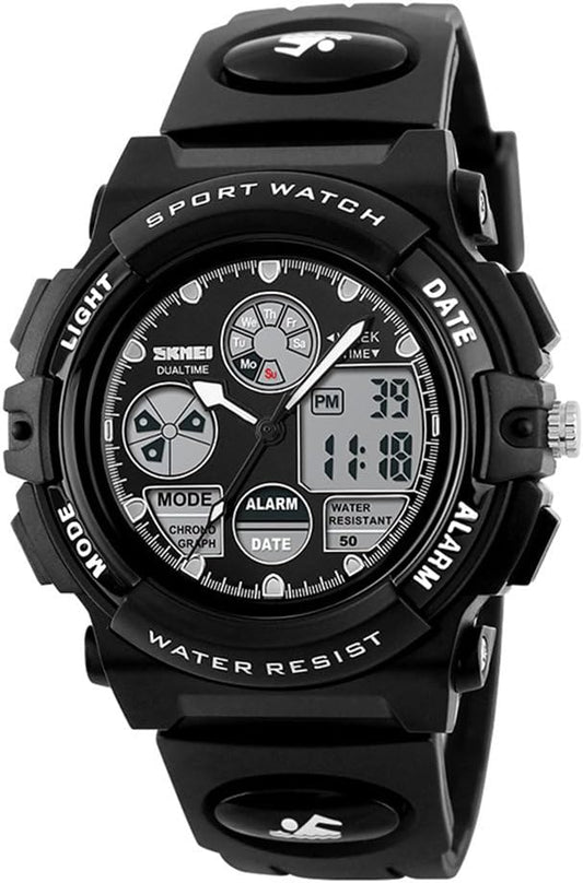 fngeen KidsスポーツウォッチLEDライトアナログデジタル防水アラームWatch for Boys ブラック