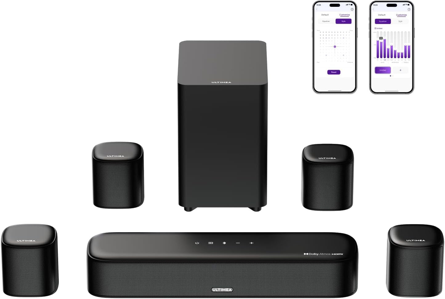 ULTIMEA Sound Bar 7.1ch Dolby Atmos 350W with Subwoofer & Surround Speaker, Supports HDMI, eARC, Bluetooth, Light, AUX, USB, Support BassMX, APP Control, Perfect for Home Theater, Movies, Games, Music with HDMI Cable Included Aura A60