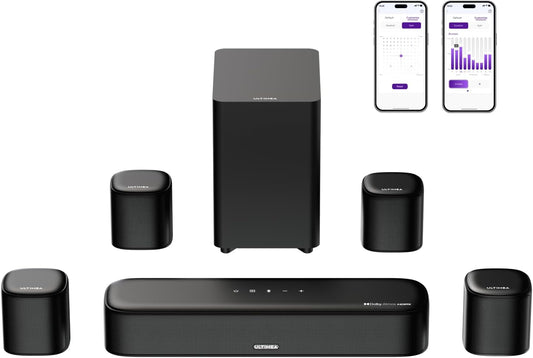 ULTIMEA Sound Bar 7.1ch Dolby Atmos 350W with Subwoofer & Surround Speaker, Supports HDMI, eARC, Bluetooth, Light, AUX, USB, Support BassMX, APP Control, Perfect for Home Theater, Movies, Games, Music with HDMI Cable Included Aura A60