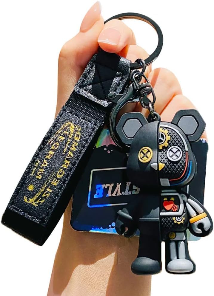 [AIXUAN] Men Women Boys Girls Cool Semi Machine Body Standing Bear Keychain Christmas Gift Animal Pendant Metal Keychain (Black)