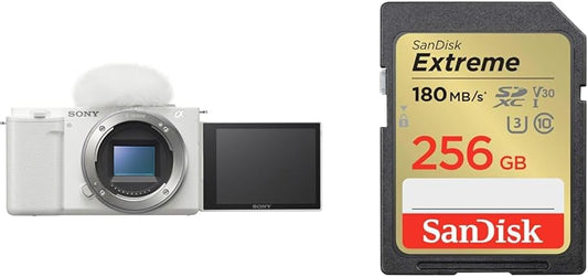 Sony Vlog Camera APS-C Mirrorless SLR Camera ZV-E10 with Body (No Lens) Windscreen Included, White ZV-E10 W + SanDisk SD Card 256GB SDXC Class 10 UHS-I U3 V30 SanDisk Extreme SDSDXVV-256G-GHJIN Simple