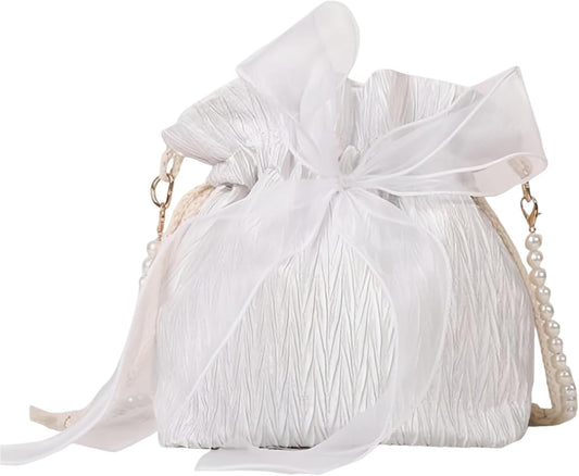 JIMIGUGUU Drawstring Bag, Shoulder Bag, Yukata Bag, Women's, Pochette, Pearl, Ribbon, Small, Mini, Diagonal Shoulder Pouch, Cute, High Visibility, Fashionable, Kimono, Trend, Coming-of-Age Ceremonies