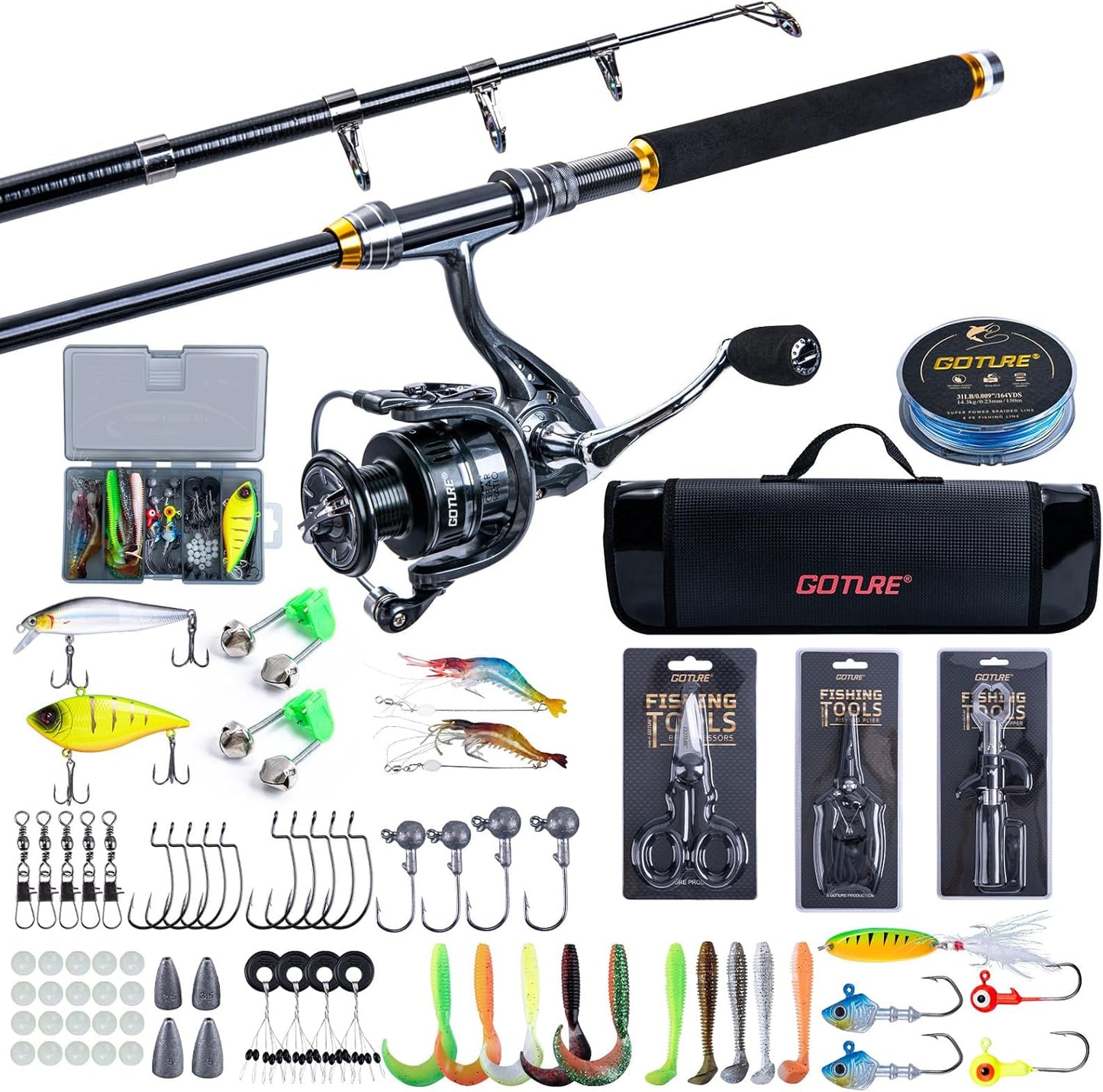 Goture Fishing Set, Casting Rod, Sea Bass Rod, 5.9 / 7.6 / 8.9 / 8.9 ft (1.8 / 2.1 / 2.4 / 2.7 m), Spinning Reel Included, 66 Lures + 32 Kinds of Accessories, Telescopic Type, For Beginners, Ultra