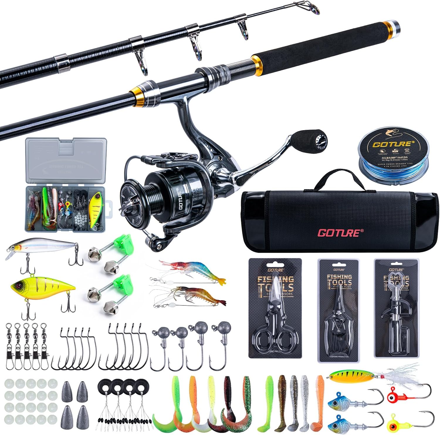 Goture Fishing Set, Casting Rod, Sea Bass Rod, 5.9 / 7.6 / 8.9 / 8.9 ft (1.8 / 2.1 / 2.4 / 2.7 m), Spinning Reel Included, 66 Lures + 32 Kinds of Accessories, Telescopic Type, For Beginners, Ultra