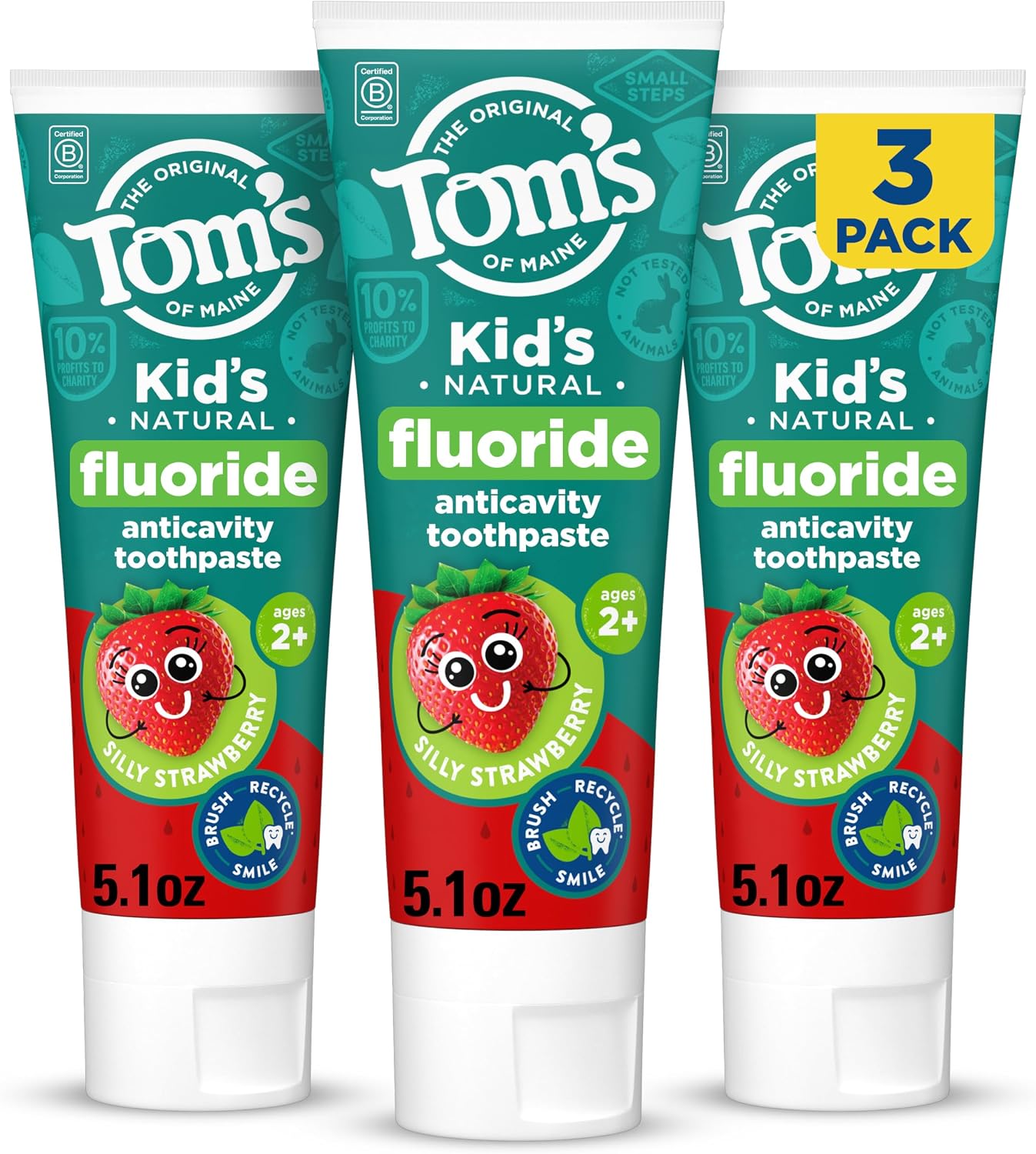 Tom's of Maine Pasta dental con flúor aprobada por la ADA, pasta de dientes natural, sin tintes, sin conservantes artificiales, fresa tonta, 5.1 onzas, paquete de 3 (el embalaje puede variar)