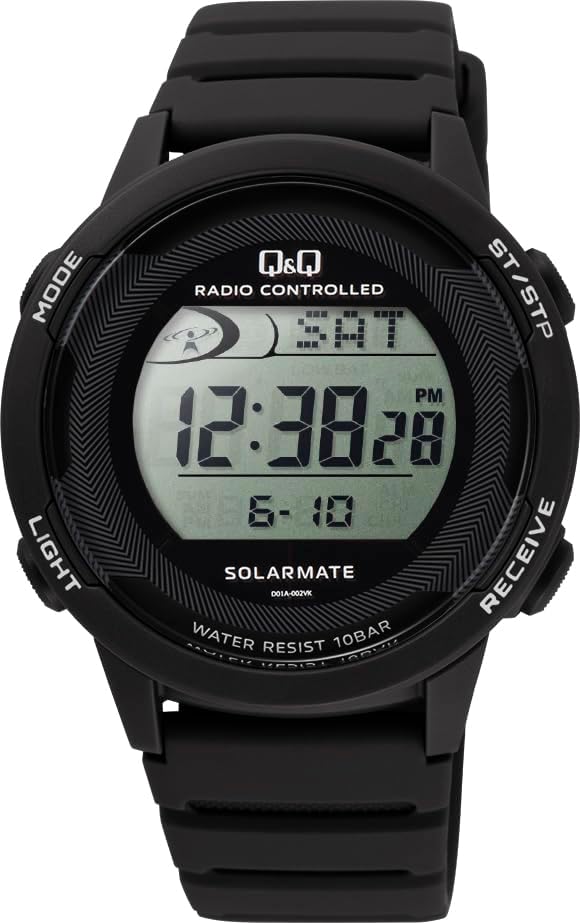 Citizen Q&Q D01A Digital Wristwatch, Radio, Solar, Waterproof, Date, Urethane Strap, Black, watch