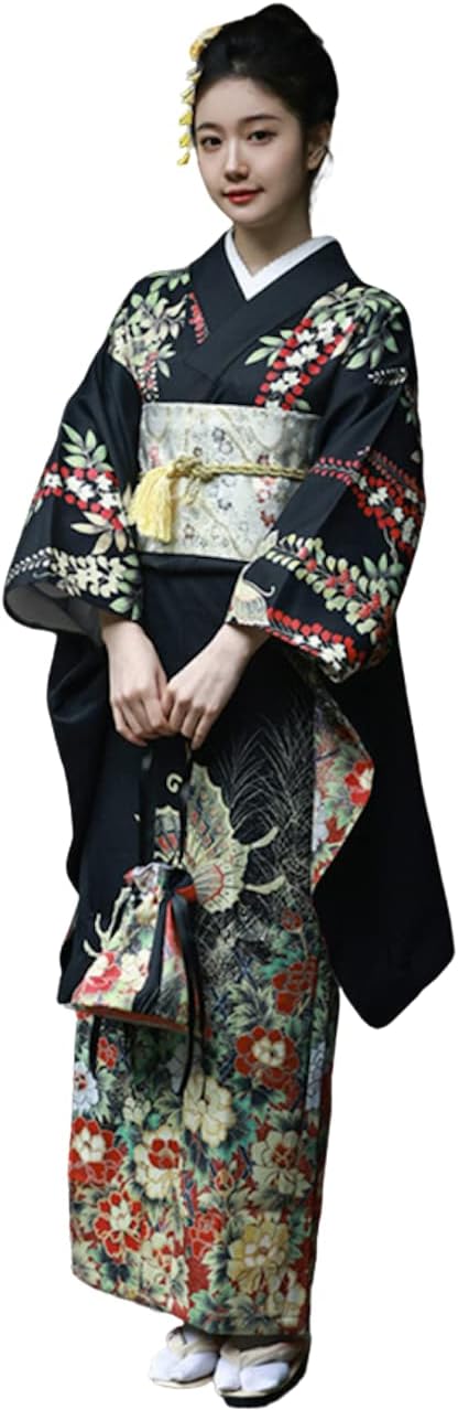 Lady Lazy Showa Retro Kimono, Flowers, Butterfly, Kimono, Cosplay, Long, Black, Obi, Fan, Set of 4