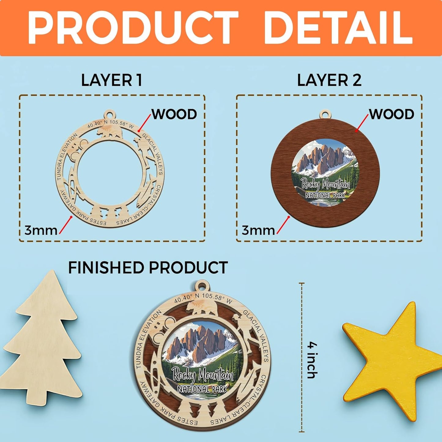 Adorno de Navidad del Parque Nacional de las Montañas Rocosas, diseño de corte láser de madera de 2 capas, decoración de árbol de vacaciones, regalo de recuerdo de viaje, picos alpinos, vida