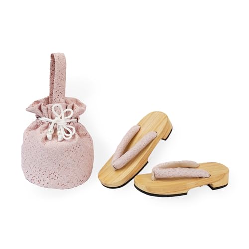 Amemari Shiraki Clogs, Drawstring Bag Set, 2-Piece Set, Women's, White Wood, Yukata Clothing, Hakama Clothing, Setup, Yukata, Painless, Ultra Soft Nose, Yukata Bag, Embroidery, Lace, Japanese, Western