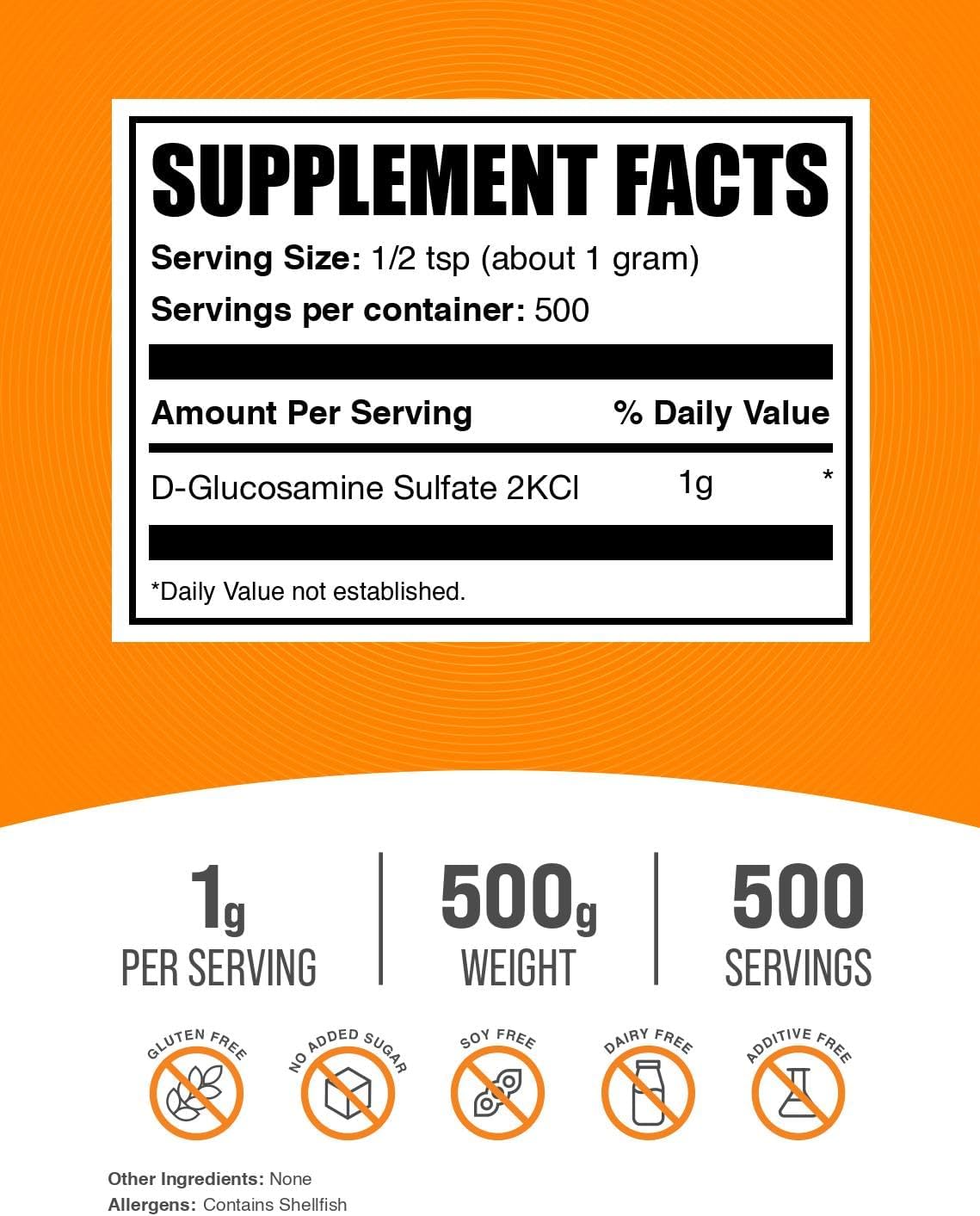 BulkSupplements.com Glucosamine Sulfate Powder - Glucosamine Supplement, Glucosamine Powder - for Joint Support, Gluten Free, 1000mg per Serving, 500g (1.1 lbs) (Pack of 1)