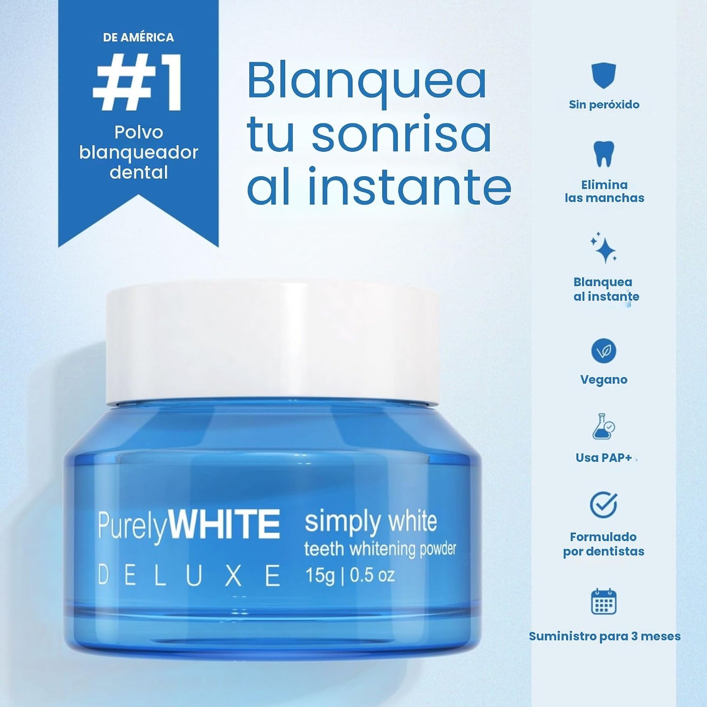 PurelyWHITE DELUXE, Polvo Blanqueador - Elimina Manchas, Sin Sensibilidad - Polvo Blanqueador Seguro para el Esmalte para Manchas de Café, Té, Comida, Vino y Tabaco.