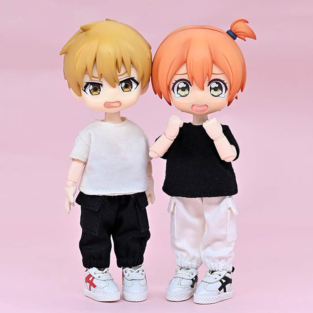 niannyyhouse OB11 Size Obitsu Doll for 4.3 inches (11 cm) Body, T-shirt + Pants, Set of 2, Plain T-shirt, Doll Clothing, Overalls, 1/12bjd Doll Clothes (White+Black)