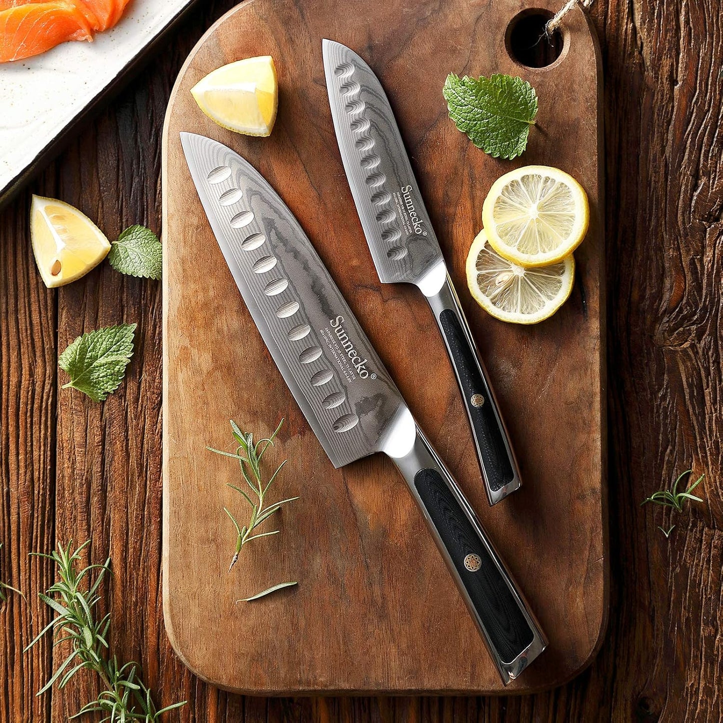 Sunnecko Knife Set, Santoku Knife, Small Santoku, 7.1 inches (180 mm), 5.1 inches (130 mm), Damascus, 73 Layers, Stainless Steel, For Home Use, Commercial Use, Kitchen Knife, Paring Knife, All Purpose Knife, Vegetables, Meat, Fish, Gyu Sword, Gift